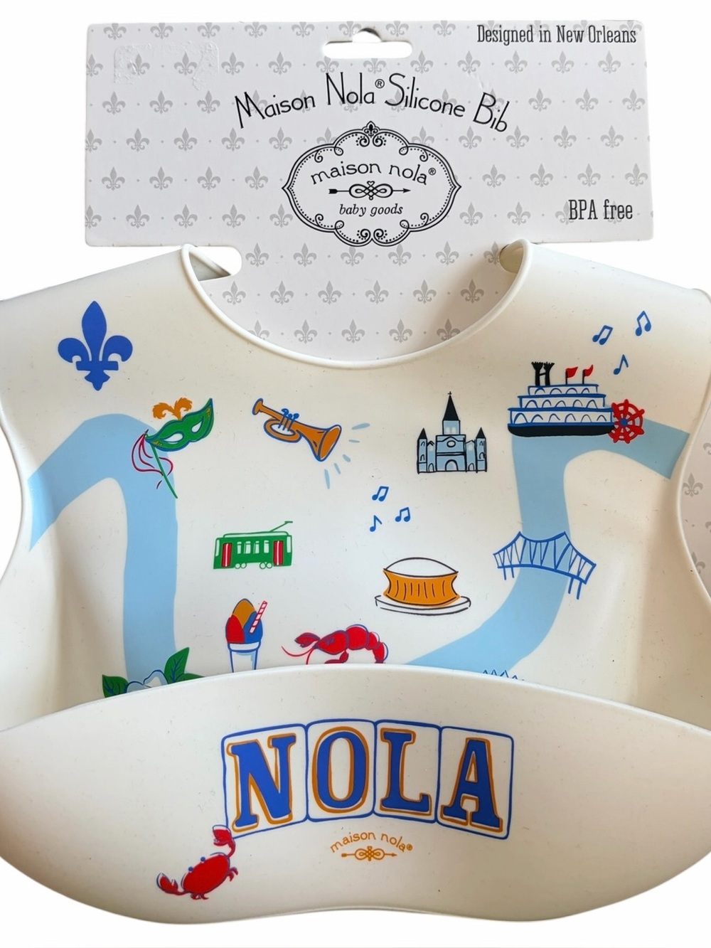 Maison Nola New Orleans Kids Baby Silicone Bib Cream & Blue Gift